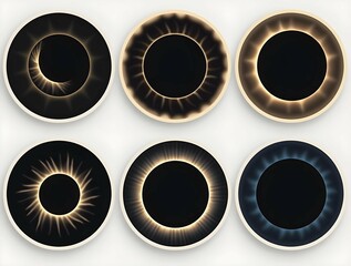 Fototapete - Set of six stylized solar eclipse designs with varying corona effects