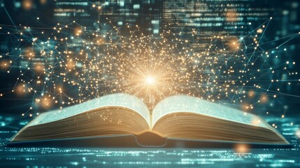 A book whose pages transform into digital data streams, symbolizing the fusion of technology and education within AI-powered learning platforms