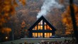 © SerPhoto - Cozy cabin with smoke rising from chimney surrounded by autumn trees in a tranquil forest setting