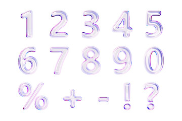 Wall Mural - 3d glass holographic liquid transparent numbers font from 0 to 9, percent sign, question mark, excla