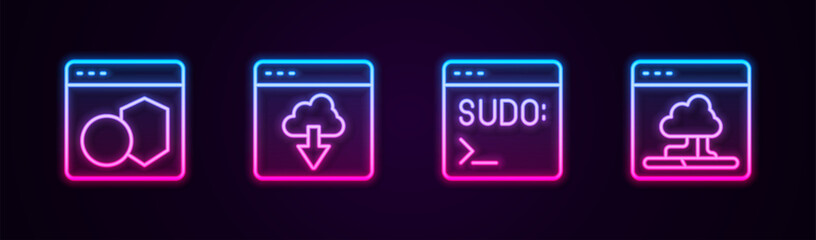 Wall Mural - set line software, cloud technology data transfer, code terminal and . glowing neon icon. vector