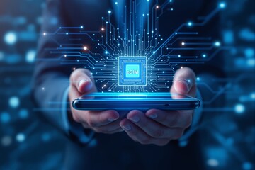 Poster - Futuristic eSIM technology concept with glowing circuit board above smartphone.