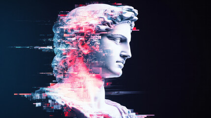 Poster - A futuristic reinterpretation of a classical statue head, brightly colored and glitching into a