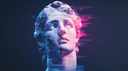 Poster - A futuristic reinterpretation of a classical statue head, brightly colored and glitching into a