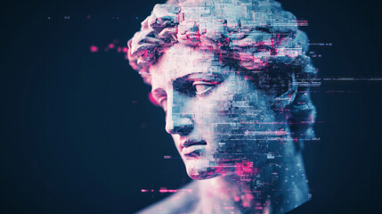 Poster - A futuristic reinterpretation of a classical statue head, brightly colored and glitching into a