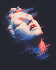 Poster - A modern digital art piece showing a colorful distorted statue face emerging from static lines and