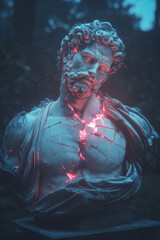 Poster - A color-rich 3D statue bust breaking into glitch geometry, surrounded by a black virtual grid