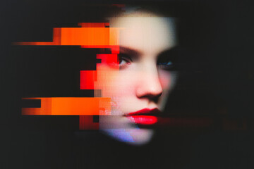 Poster - A holographic sculpture face shimmering in motion blur and glitch effects, suspended inside a black