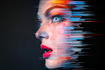 Poster - A holographic sculpture face shimmering in motion blur and glitch effects, suspended inside a black
