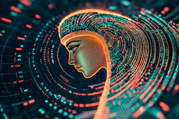Aufkleber - A golden Egyptian goddess figure surrounded by swirling neon patterns and holographic hieroglyphs,