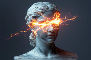 Poster - A glowing marble bust of a Greek goddess split by a beam of light, revealing a core of vibrant