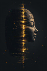 Aufkleber - A digital artifact of an Egyptian goddess bust, cracked with light and glitching through layers of