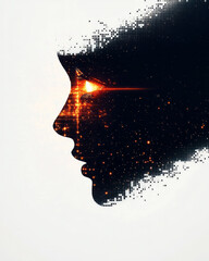 Poster - A luminous, abstract representation of a digital goddess forming through matrix-like distortions