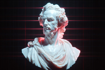 Poster - A luminous bust of Franklin rendered in digital marble, fractured by glitch waves and visual