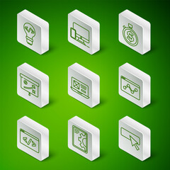 Wall Mural - Set line UI or UX design, Web development, Front end, Planning strategy concept, Monitor and mobile, and Website statistic icon. Vector