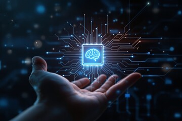 Poster - Hand holding AI microchip with brain symbol on futuristic digital background.