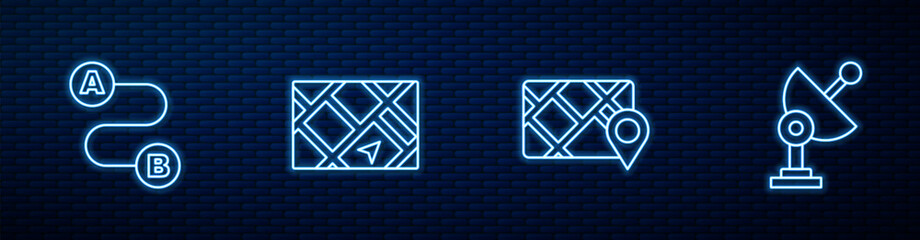 Wall Mural - set line gps device with map, route location, and radar. glowing neon icon on brick wall. vector