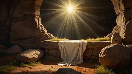 Wall Mural - Oil painting illustration of resurrection of Jesus Christ with empty tomb sunbeams.