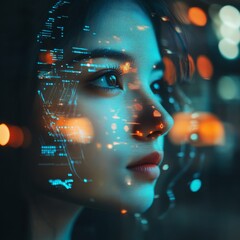 Leinwandbilder - Futuristic Portrait of a Woman with Digital Overlay, Exploring Themes of Technology and Identity