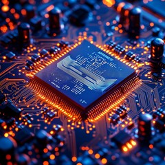 Leinwandbilder - Illuminated Circuit Board: Close-up of Processor with Glowing Pathways and Components, Technology Innovation