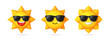 © Tuba Reza - Set of 3D sun emoji icon with sunglasses, isolated on white. Bright yellow sunshine symbol for weather, climate, and summer vacation concepts. Vector illustration.