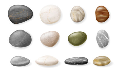 Smooth beach rocks, sea and ocean coast boulders of various color. Vector realistic style, Small river pebbles and stones collection. Massage and meditation concepts. Zen garden relaxation