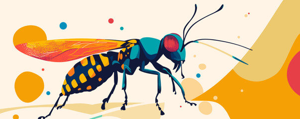 Wall Mural - Colorful abstract wasp illustration with geometric shapes and bold patterns - vector.