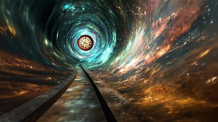 Wall Mural - pathway leads into cosmic void with floating clock marking time in a surreal space setting, hypnotic