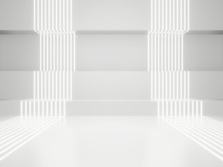 Wall Mural - 3d white sci-fi product display background. scientific stage with white neon lights.
