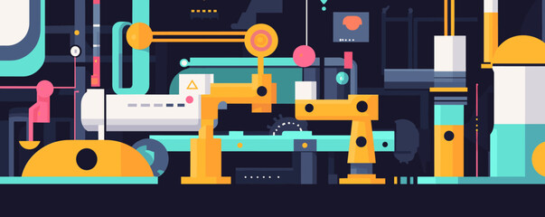 Futuristic industrial factory with abstract machinery and geometric shapes, dark background - vector.