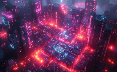 Poster - Futuristic Stage in Cyber Cave with Neon Lights and Abstract Architecture for Digital Performance