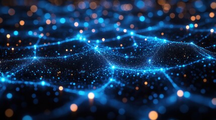 Poster - Futuristic Technology Network Visualization Glowing Nodes Connected Lines Digital Flow Data Transfer Blockchain Cybersecurity