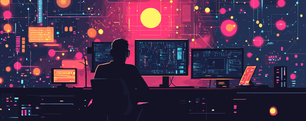 Futuristic workspace with programmer working on multiple screens in cyber world - vector.