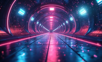 Poster - Futuristic Cyberpunk Tunnel Abstract Geometric Shapes Neon Lighting Digital Streams Technology