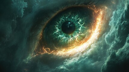Aufkleber - Artificial Intelligence Eye in Dark Green Cyberspace with Digital Surveillance and Virtual Technology