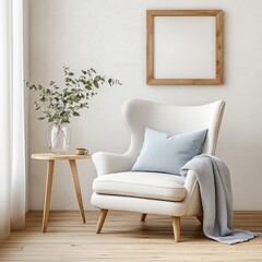 Poster - Minimalist Scandinavian Interior with Modern Armchair and Green Foliage in Vase