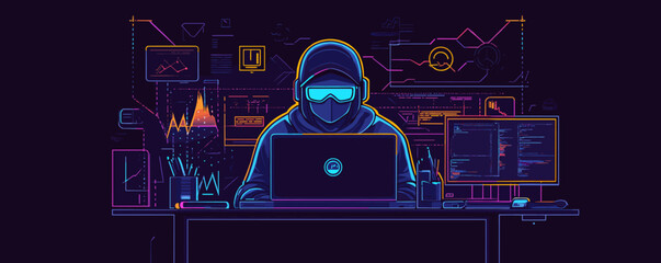 Futuristic hacker at computer with neon geometric background, cybersecurity concept - vector.