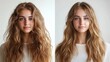 © Aleksandr - Side by side portrait showing a young woman’s hair before and after a smoothing or straightening treatment, ideal for beauty results.