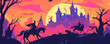 © Влада Яковенко - Medieval castle at sunset with dark riders and silhouetted trees - vector.