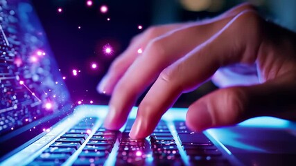 Programmer developing holographic software using futuristic holographic computer interface innovative technology on a laptop, AI neon person's icons and data visuals, futuristic hand video 4k