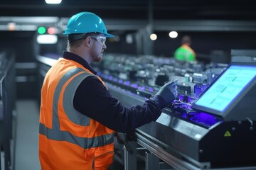 Wall Mural - a technician inspecting a smart conveyor system in a high-tech manufacturing facility.