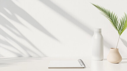 Poster - minimalistic workspace with white notebook, white water bottle, and beige vase holding green palm leaf, all placed on white surface with soft shadows