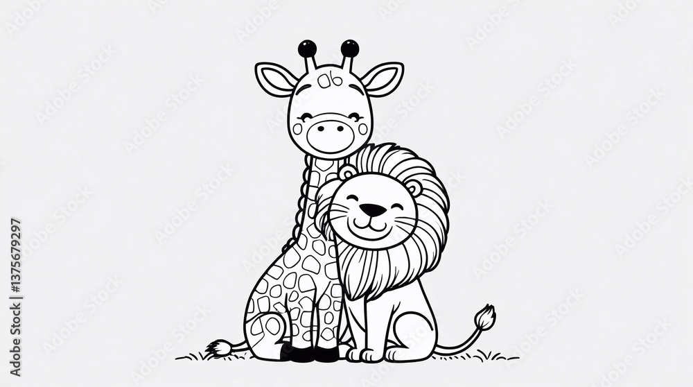 Cute Lion and Giraffe Line Art - Black and White Coloring Page for Kids ...