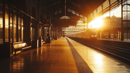 Poster - A beautifully empty train station bathed in soft golden light