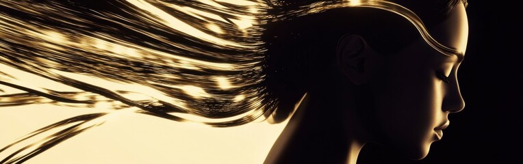 Poster - Woman's Serene Profile with Flowing, Golden Hair Accented by Light and Shadow Against a Dark Background