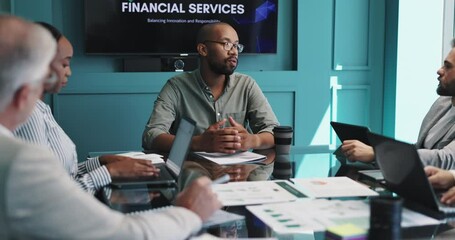 Poster - Workshop, team and business man in discussion for financial services, banking and planning. Group, cooperation and manager speaking in office for investment meeting, profit growth and idea proposal