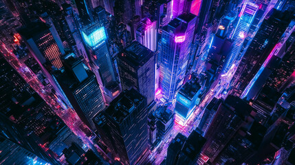 Fototapete - A bird’s-eye view of a city at night with neon-lit skyscrapers.