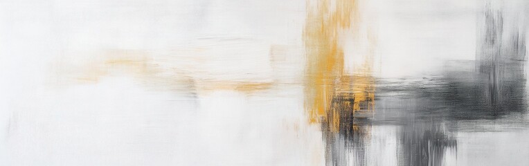 Fototapete - Contemporary abstract painting on textured canvas with soft gray and golden vertical brush strokes against a white background.