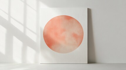 Poster - Minimalist white canvas featuring a soft peach circle abstract design, with a subtle texture against a neutral wall, illuminated b