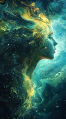 Poster - Ethereal woman portrait with flowing hair, glowing in shades of teal and gold, with a serene underwater scene background, symboliz